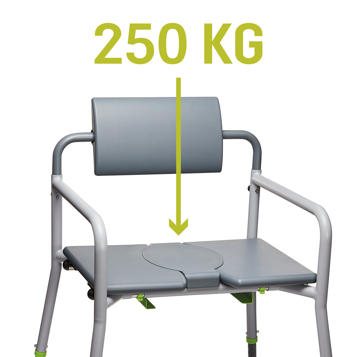 Grafisch dargestellte Belastbarkeit von 250 Kilogramm des DIETZ XXL Dusch- und Duschtoilettenstuhsl tauron dts.