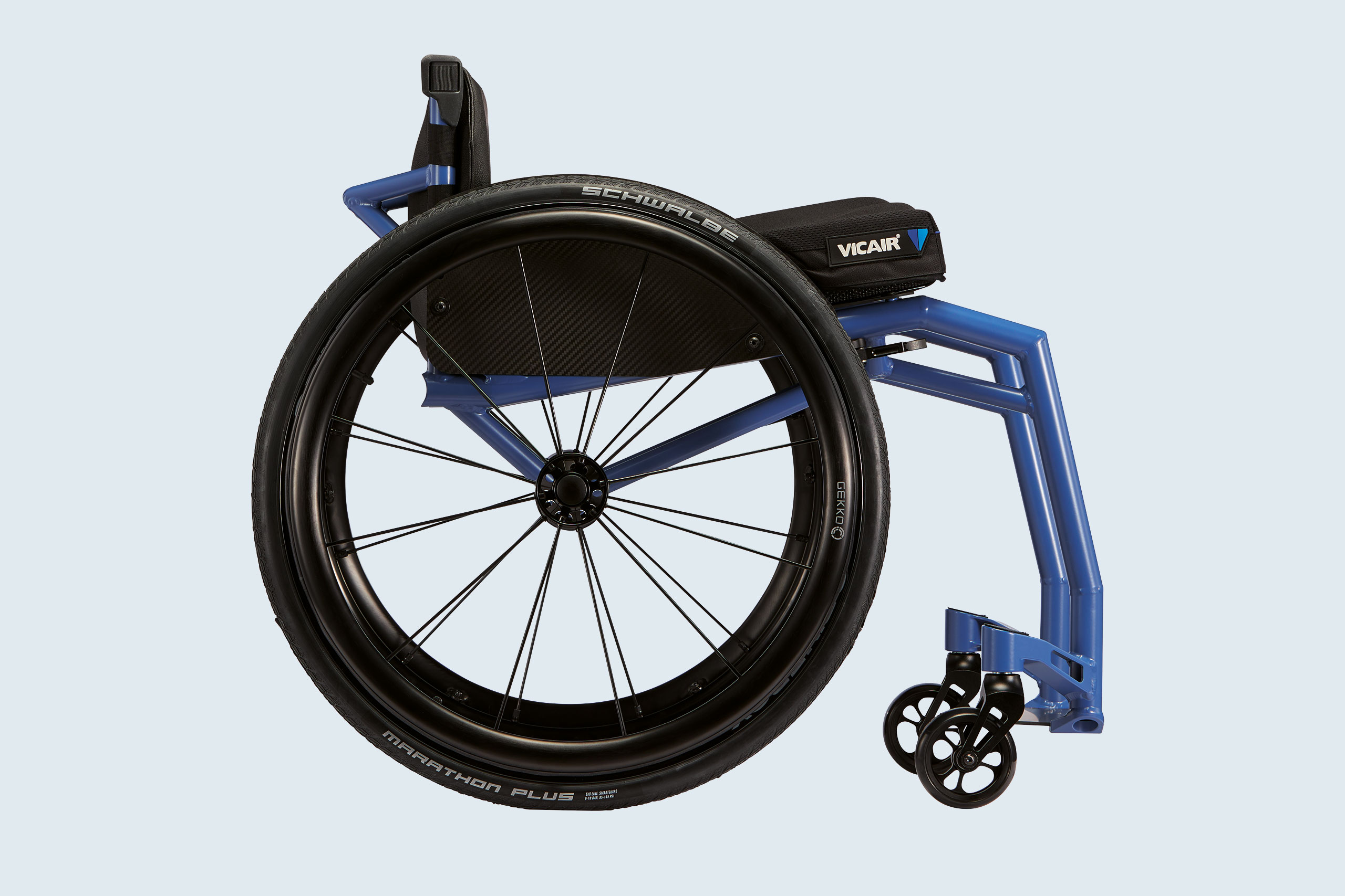 Rigid frame wheelchair M-i with frame color blue with seat cushions. Overall view, from the side. 
