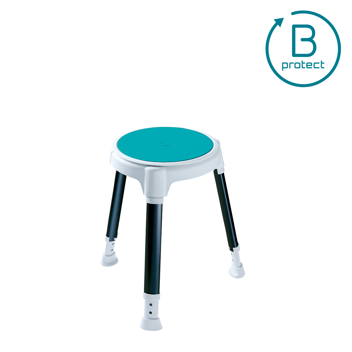 Freigestellter weißer Duschhocker TAYO B-protect rund mit Drehteller in aquamarin und Beinen in schwarz.
