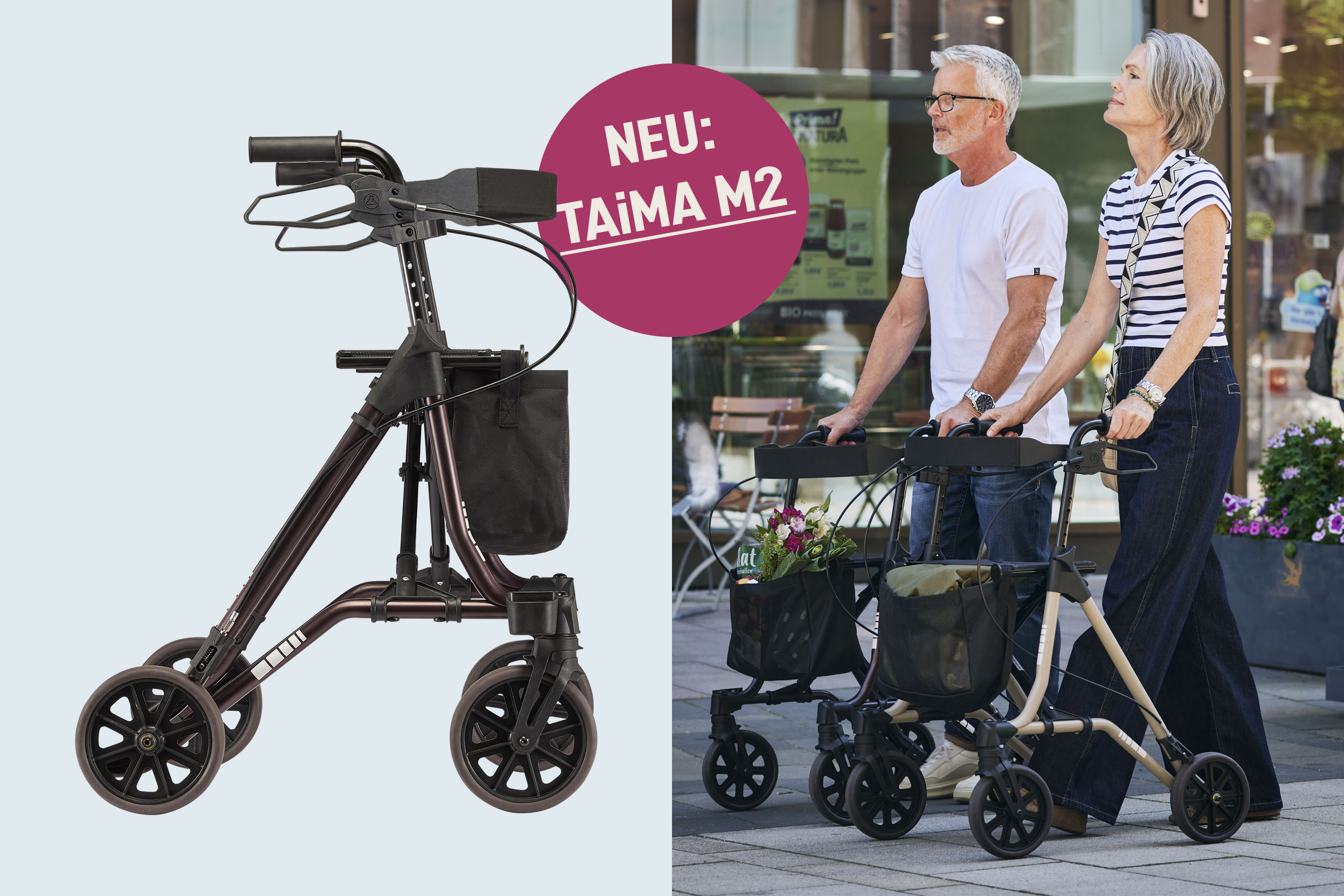 Bildcollage mit dem Leichtgewicht-Rollator TAiMA M2in Kupfferrot und einem sportlich gekleideten, älteren Ehappar, das bei sommerlichen Temperaturen mit seinen Leichtgewicht-Rollatoren TAiMA M2 in den Farben Kupferrot und Sandstein in einer Fußgängerzone beim Einkauf unterwegs ist