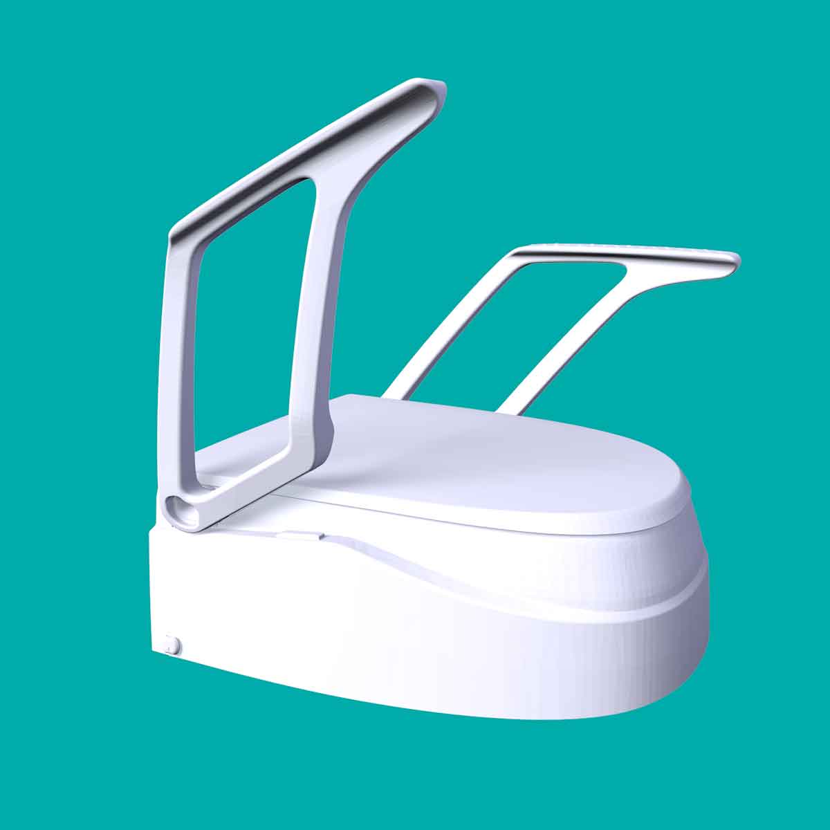 Freigestellte Toilettensitzerhöhung SmartFix mit zwei Armlehnen, von der eine gerade nach oben abgeklappt wird.